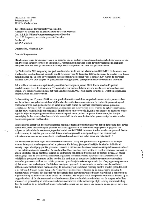 brief aan burgemeester H.P.T.M. Willems januari 2004